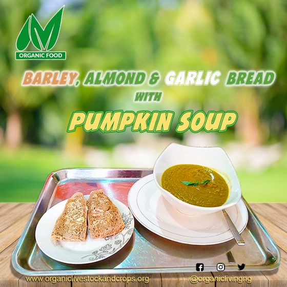 barley-almond-garlic-bread-pumpkin-soup